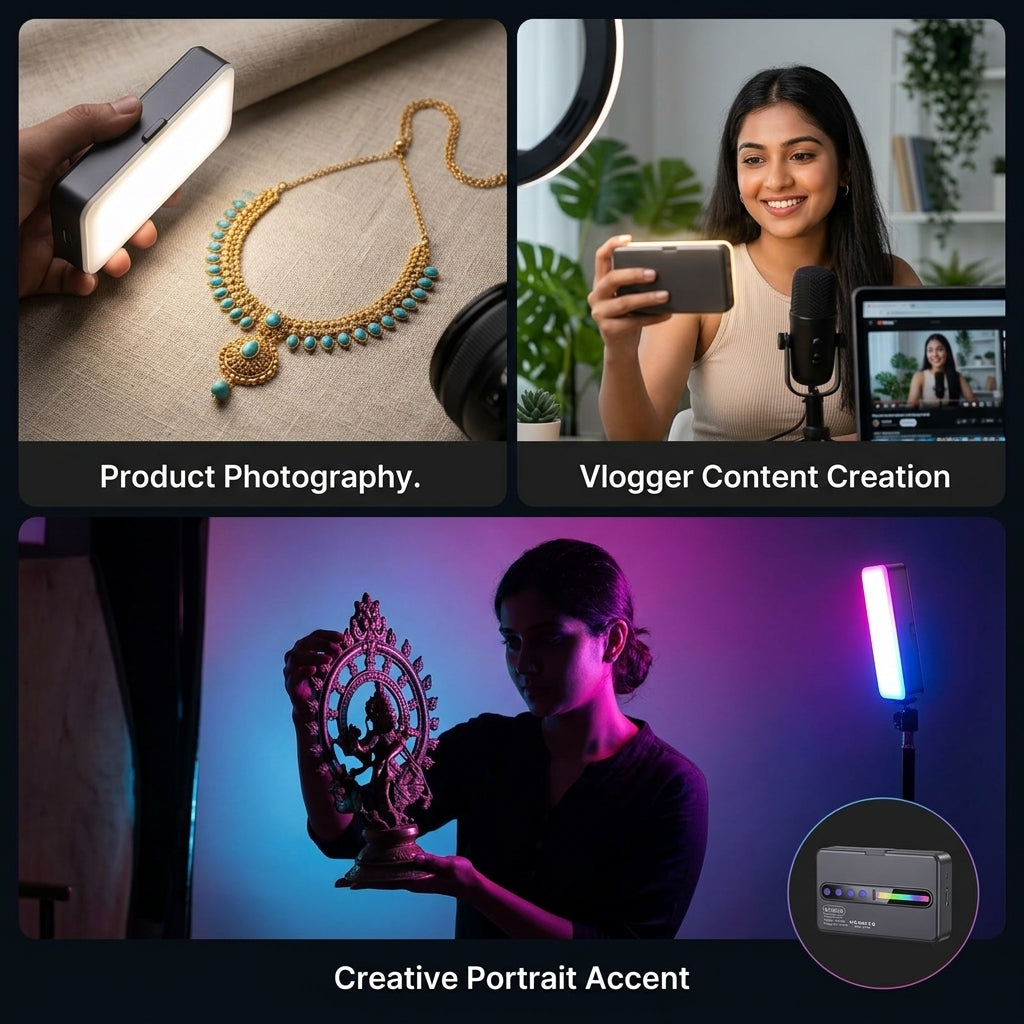 M160 RGB Pocket Fill Light, a compact LED video light with colorful RGB output and high Ra 95+ CRI, shown in use for a product photoshoot.