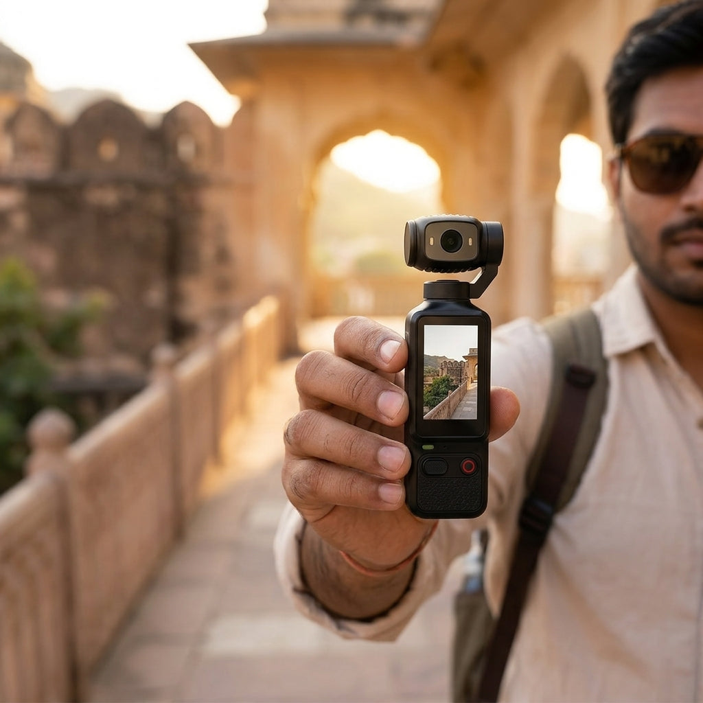 IK-032 pocket gimbal camera with 1.3-inch touchscreen and 3-axis gimbal stabilization, shown in black and orange color variants