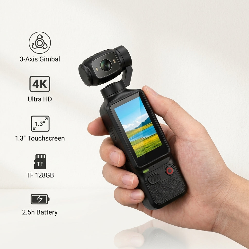IK-032 pocket gimbal camera with 1.3-inch touchscreen and 3-axis gimbal stabilization, shown in black and orange color variants