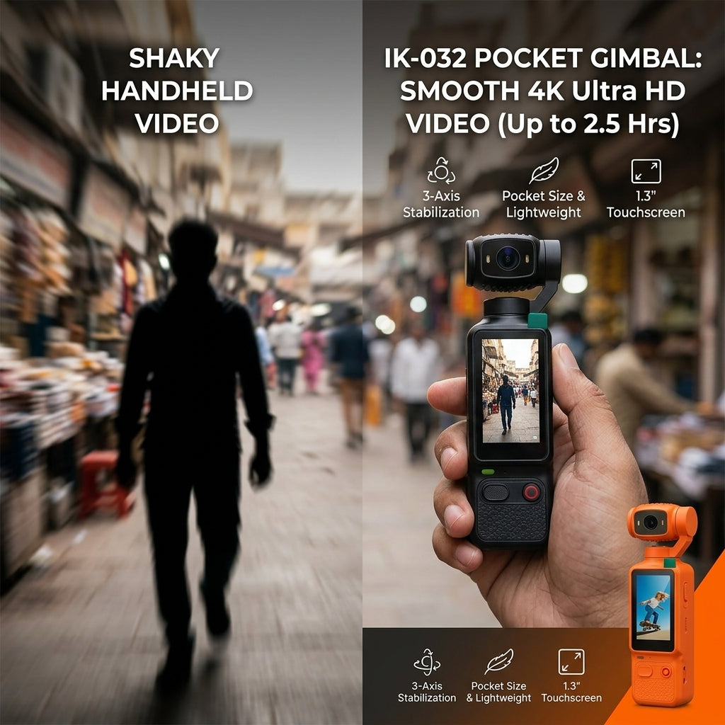 IK-032 pocket gimbal camera with 1.3-inch touchscreen and 3-axis gimbal stabilization, shown in black and orange color variants