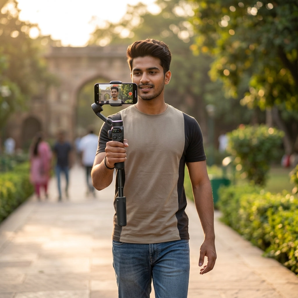 AOCHUAN Smart X2 3-axis smartphone stabilizer gimbal with built-in extension rod, AI face tracking, gesture control and LED full-screen indicator (retail box).