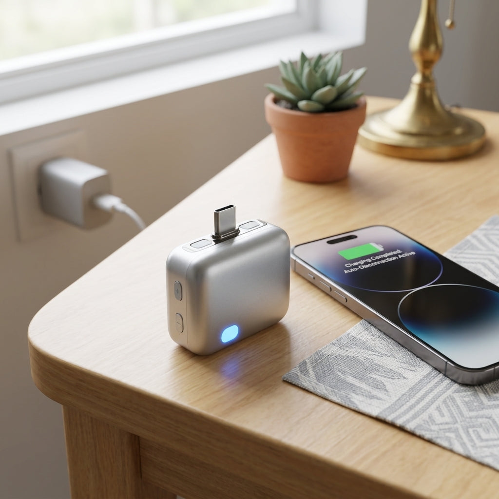 Smart Power Disconnector 140W Auto-Cut USB-C Fast Charging Adapter with indicator light, protecting a smartphone battery
