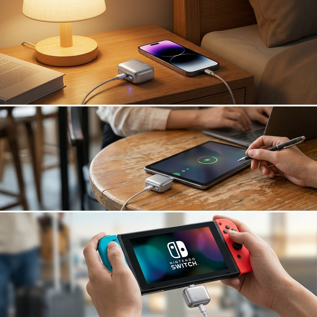 Smart Power Disconnector 140W Auto-Cut USB-C Fast Charging Adapter with indicator light, protecting a smartphone battery