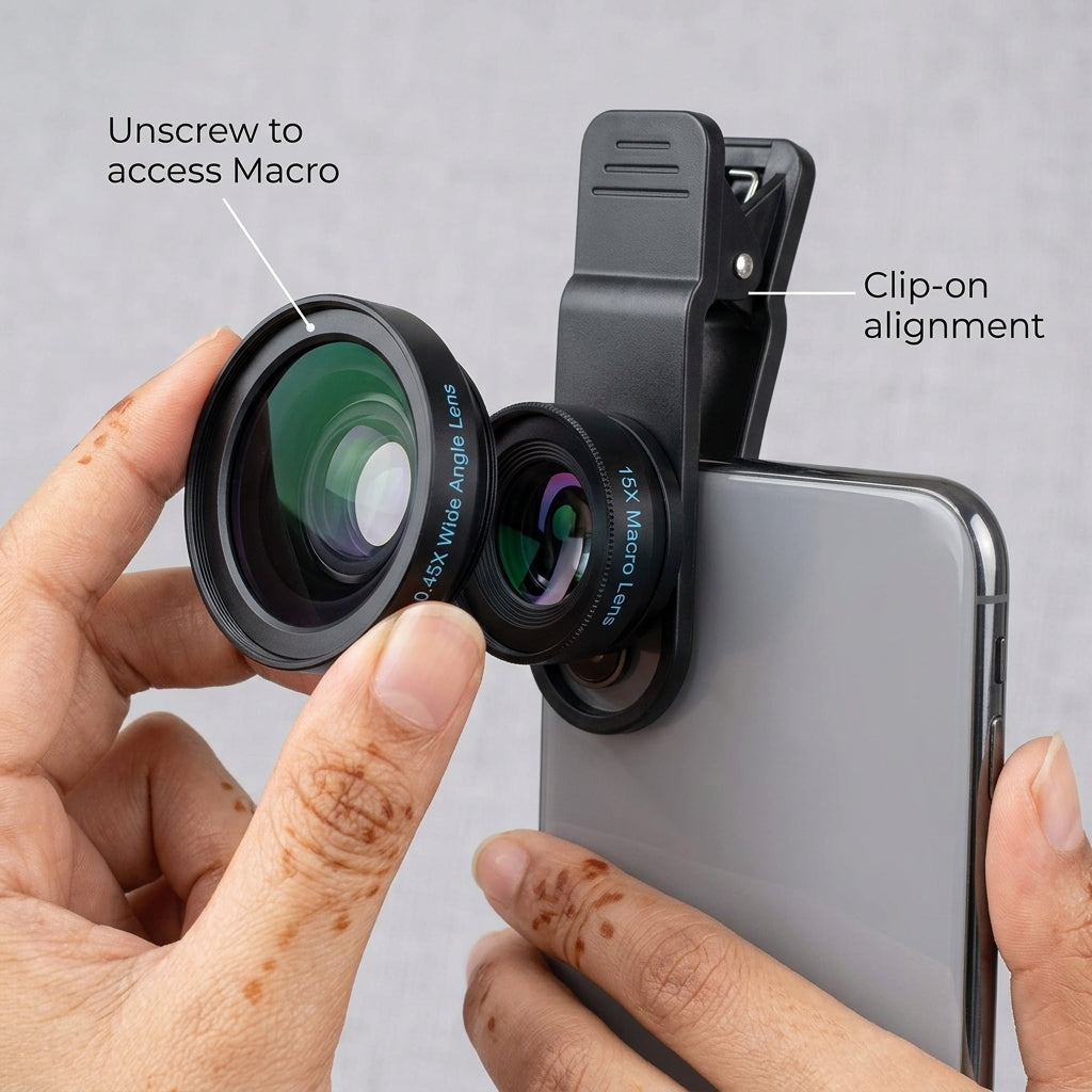 Black clip-on smartphone camera lens kit with 0.45x wide angle lens and 15x macro lens (wide attachment unscrews to access macro)