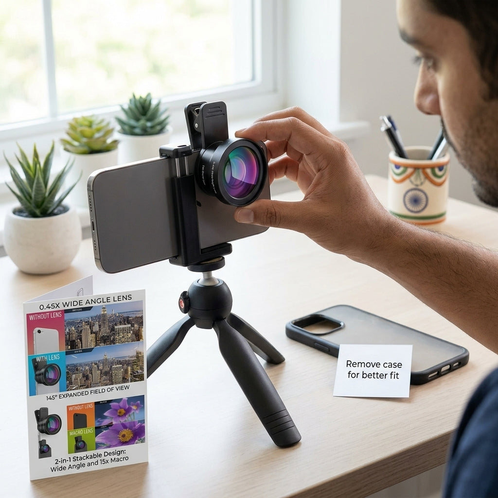 Black clip-on smartphone camera lens kit with 0.45x wide angle lens and 15x macro lens (wide attachment unscrews to access macro)