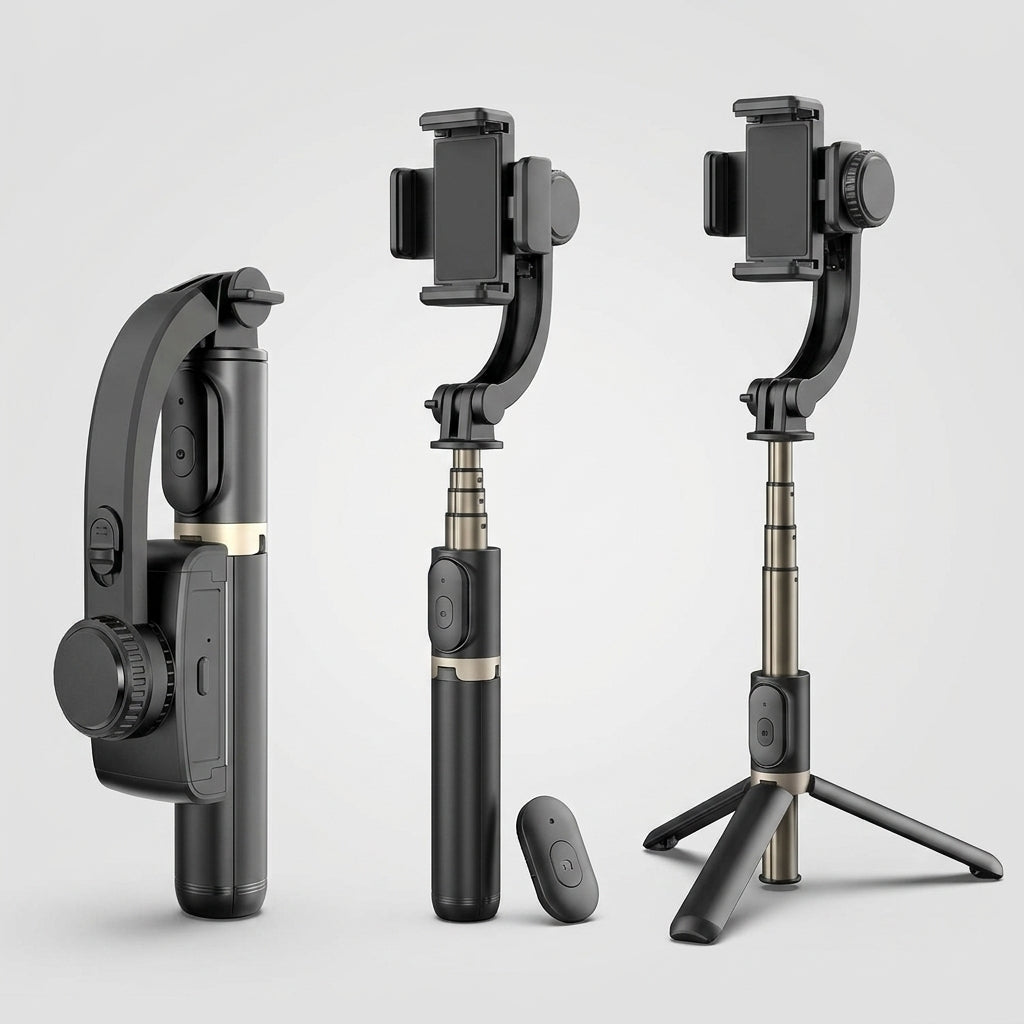 Q08 smartphone gimbal-style selfie stick with retractable aluminium alloy rod, tripod stand and detachable wireless remote in black/grey.