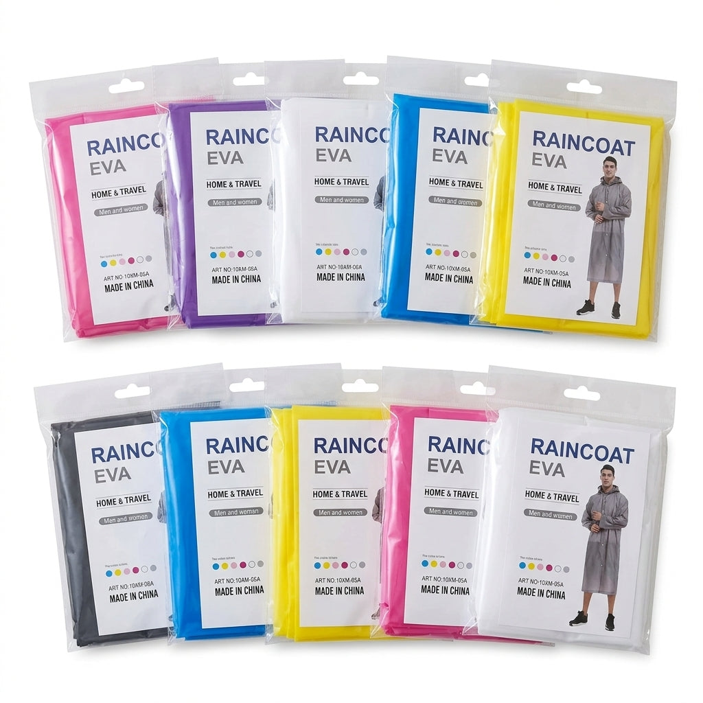 Individually packaged EVA raincoat in clear plastic sleeve with assorted colours visible