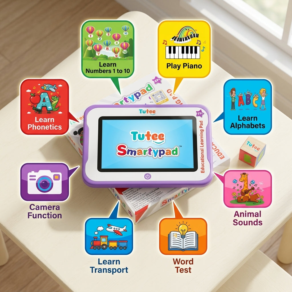 Tutee Smartypad educational learning pad toy packaging showing features like numbers 1-10, piano, alphabet rhymes, phonetics, animal sounds and transport learning (2Y+).