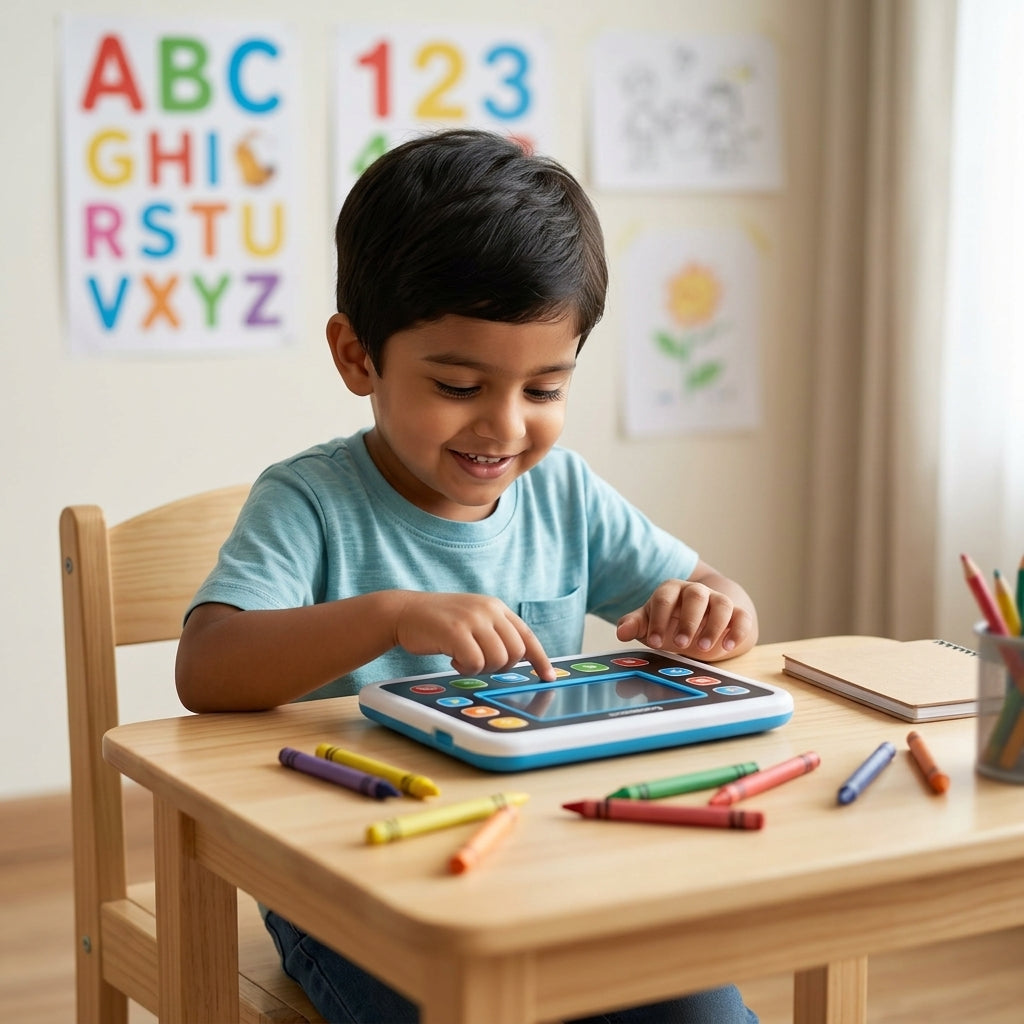 Tutee Smartypad educational learning pad toy packaging showing features like numbers 1-10, piano, alphabet rhymes, phonetics, animal sounds and transport learning (2Y+).