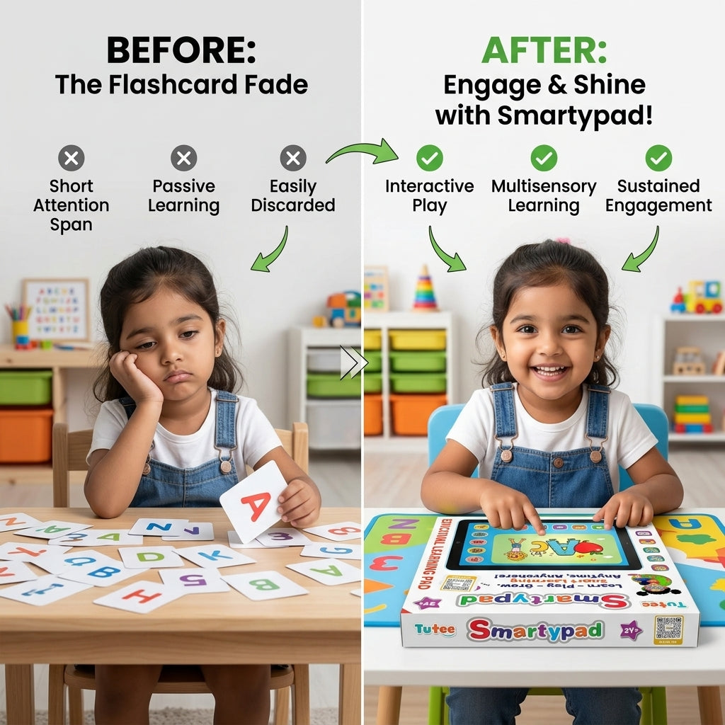 Tutee Smartypad educational learning pad toy packaging showing features like numbers 1-10, piano, alphabet rhymes, phonetics, animal sounds and transport learning (2Y+).
