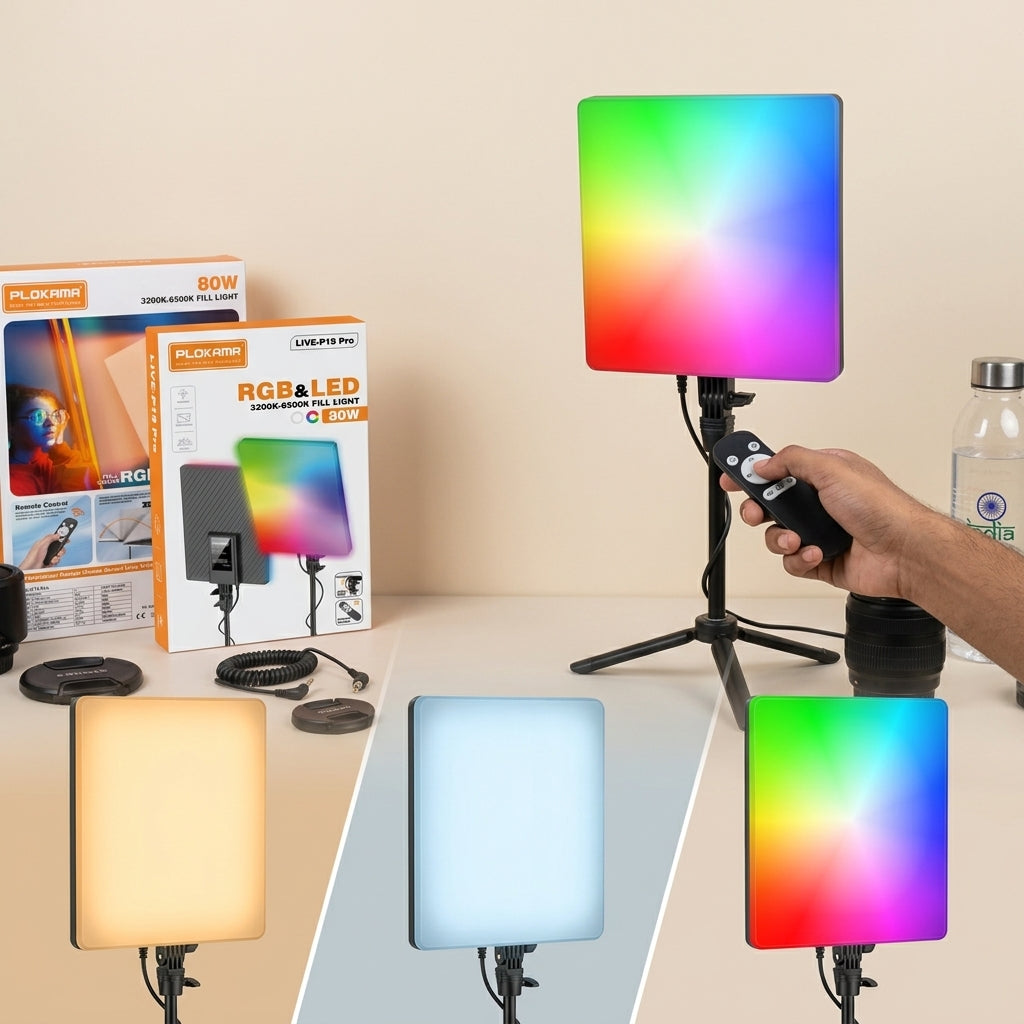 PLOKAMA LIVE-P19 Pro rectangular RGB & LED fill light panel (3200K-6500K) with mounting bracket and remote control feature shown on packaging