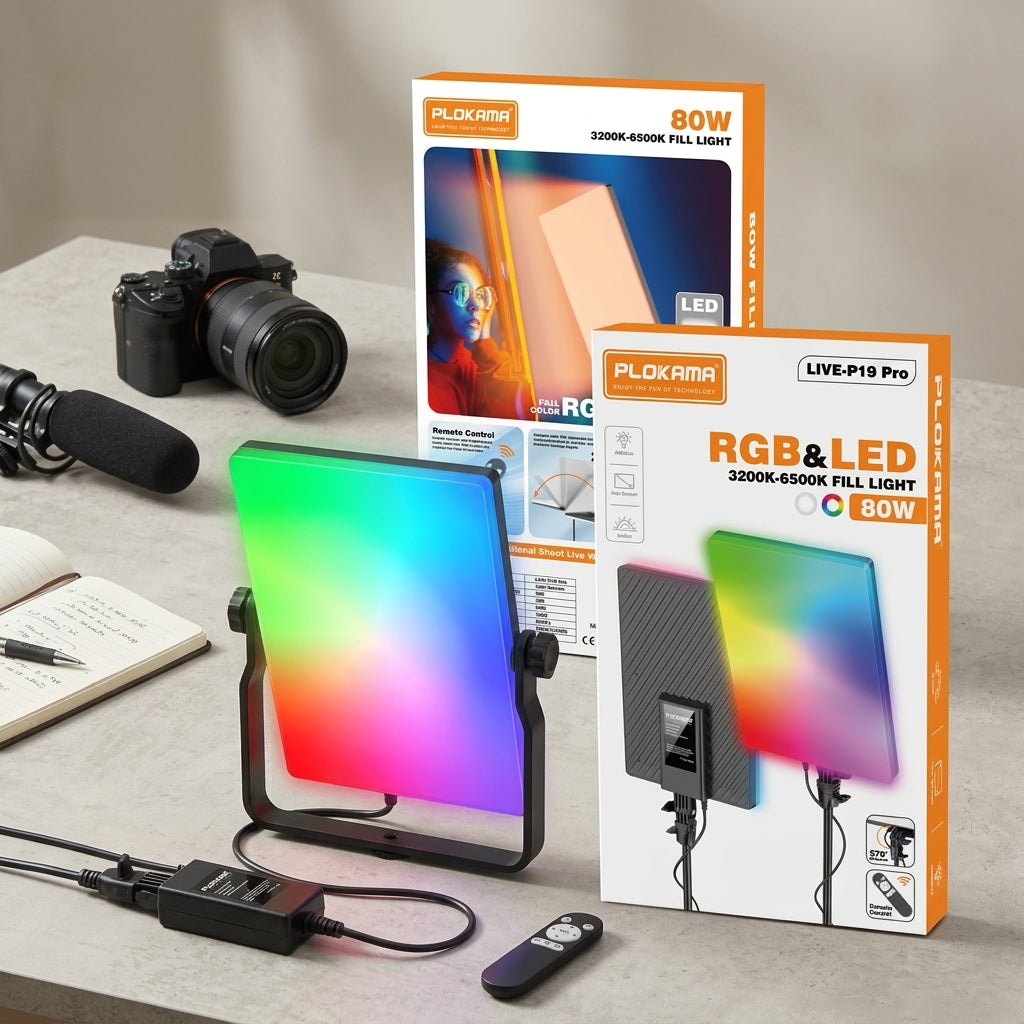 PLOKAMA LIVE-P19 Pro rectangular RGB & LED fill light panel (3200K-6500K) with mounting bracket and remote control feature shown on packaging