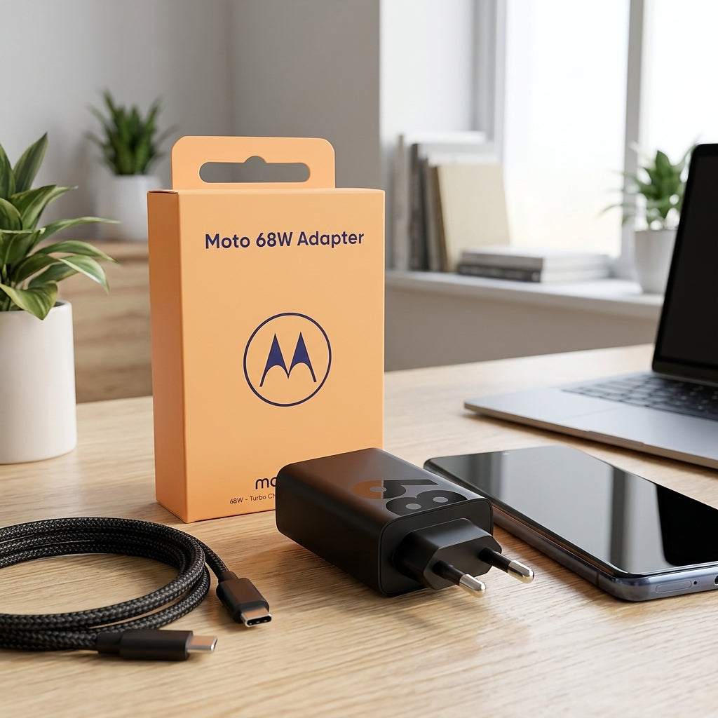 Moto 68W Fast Charging Adapter in matte black with glossy 68 graphic and Indian 2-pin plug next to its orange retail packaging.