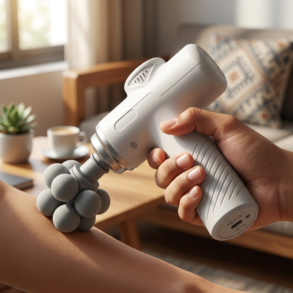 ASW AS-219 seven-headed fascia massage gun with 7-ball head attachment and 9 included attachments shown on packaging