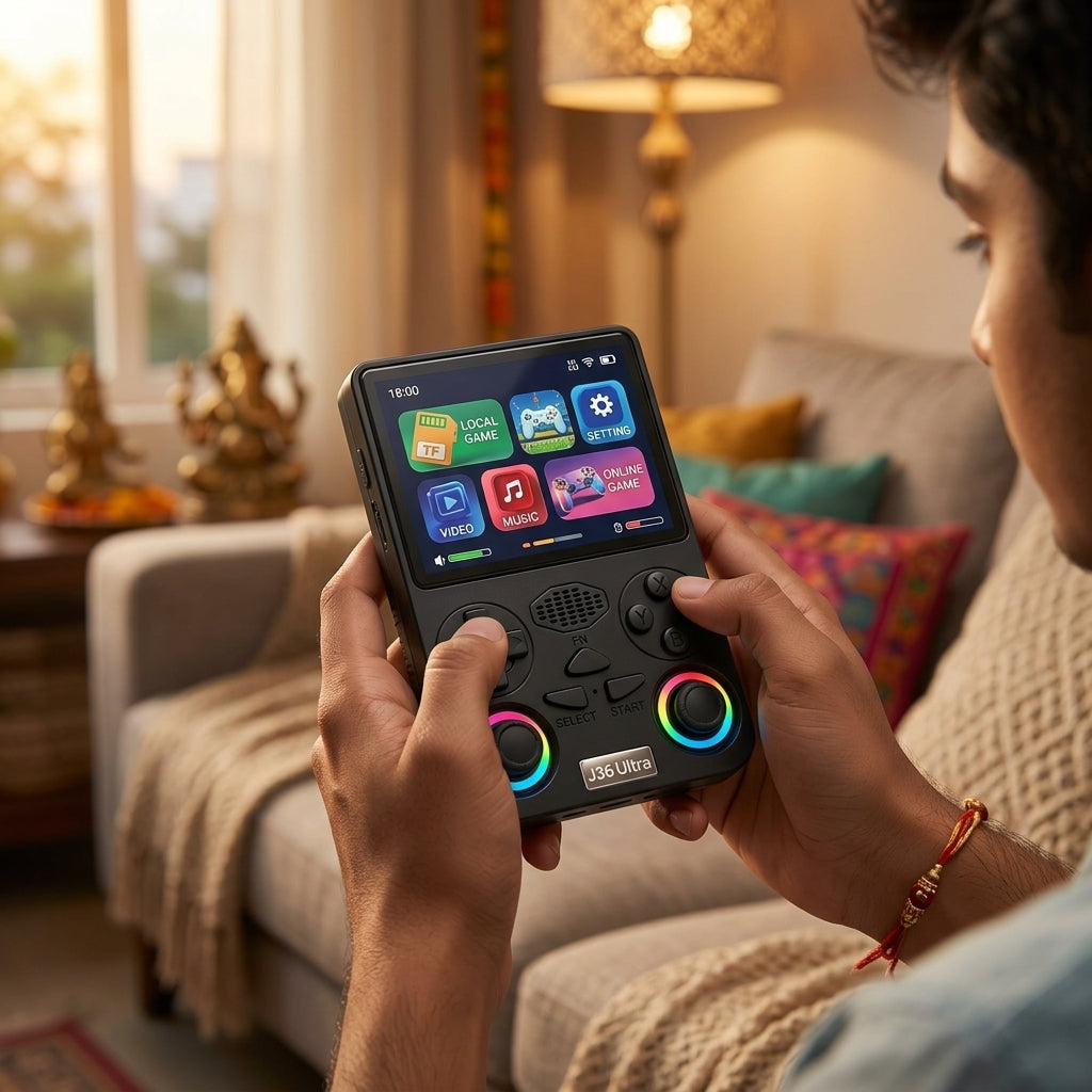 J36 Ultra online gaming handheld console with built-in display, D-pad, ABXY buttons and dual joysticks with rainbow rings