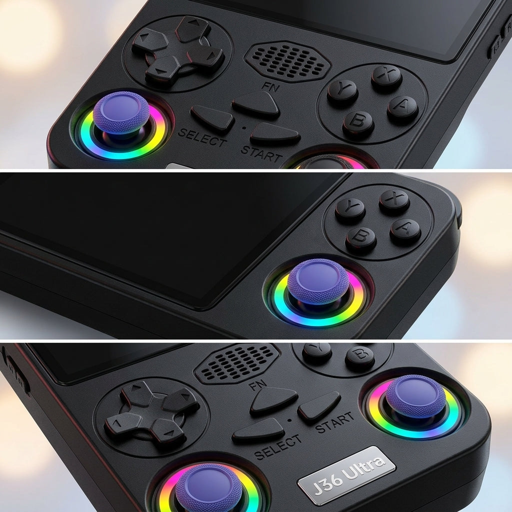 J36 Ultra online gaming handheld console with built-in display, D-pad, ABXY buttons and dual joysticks with rainbow rings