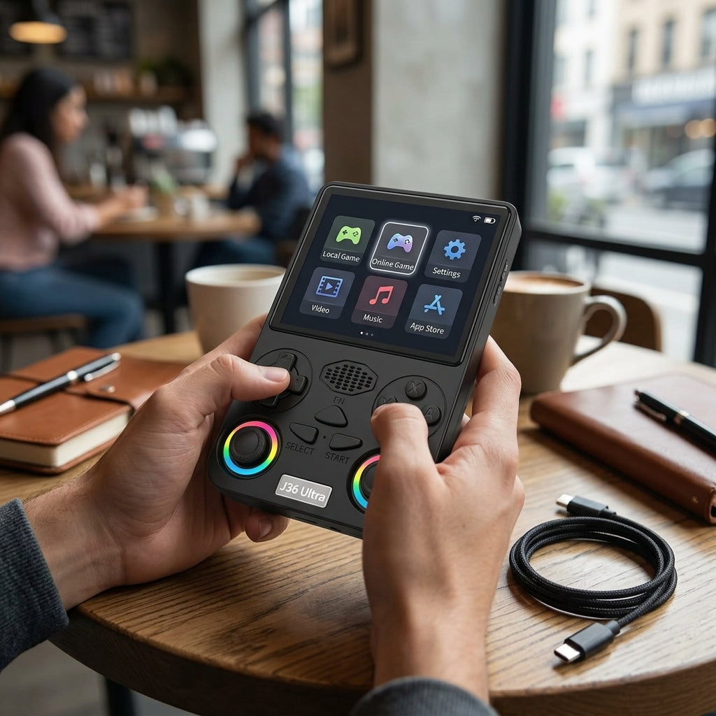J36 Ultra online gaming handheld console with built-in display, D-pad, ABXY buttons and dual joysticks with rainbow rings