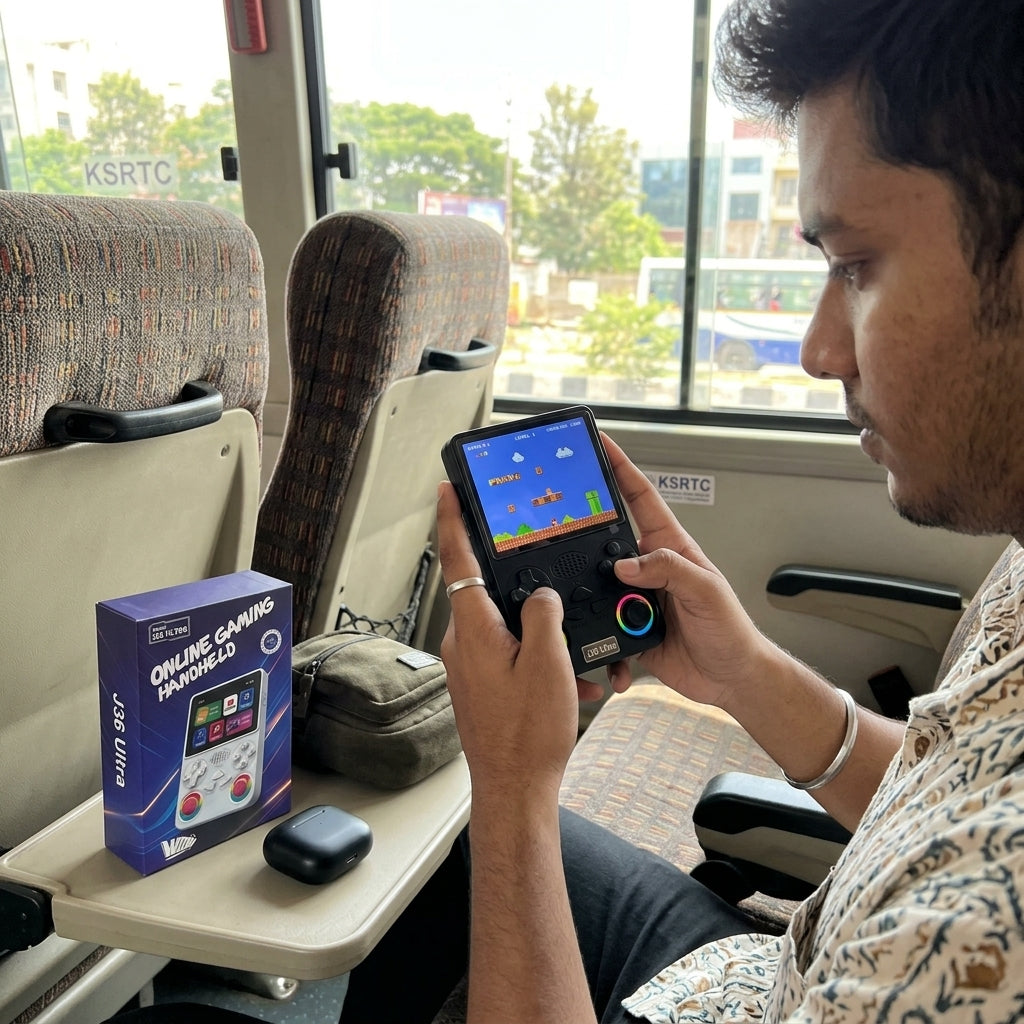 J36 Ultra online gaming handheld console with built-in display, D-pad, ABXY buttons and dual joysticks with rainbow rings