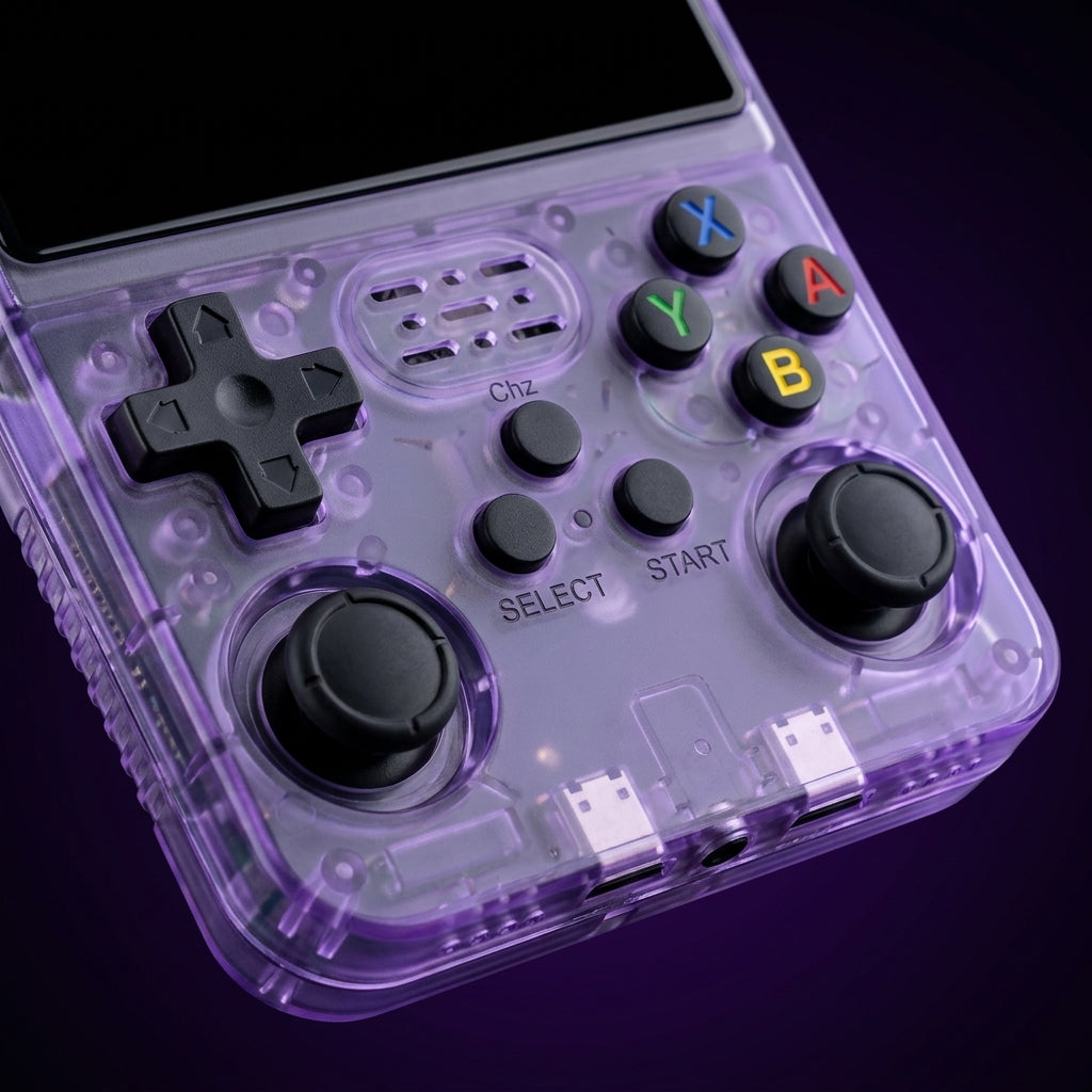 R36S handheld game console in transparent purple with built-in screen, dual analog sticks, D-pad and ABXY buttons
