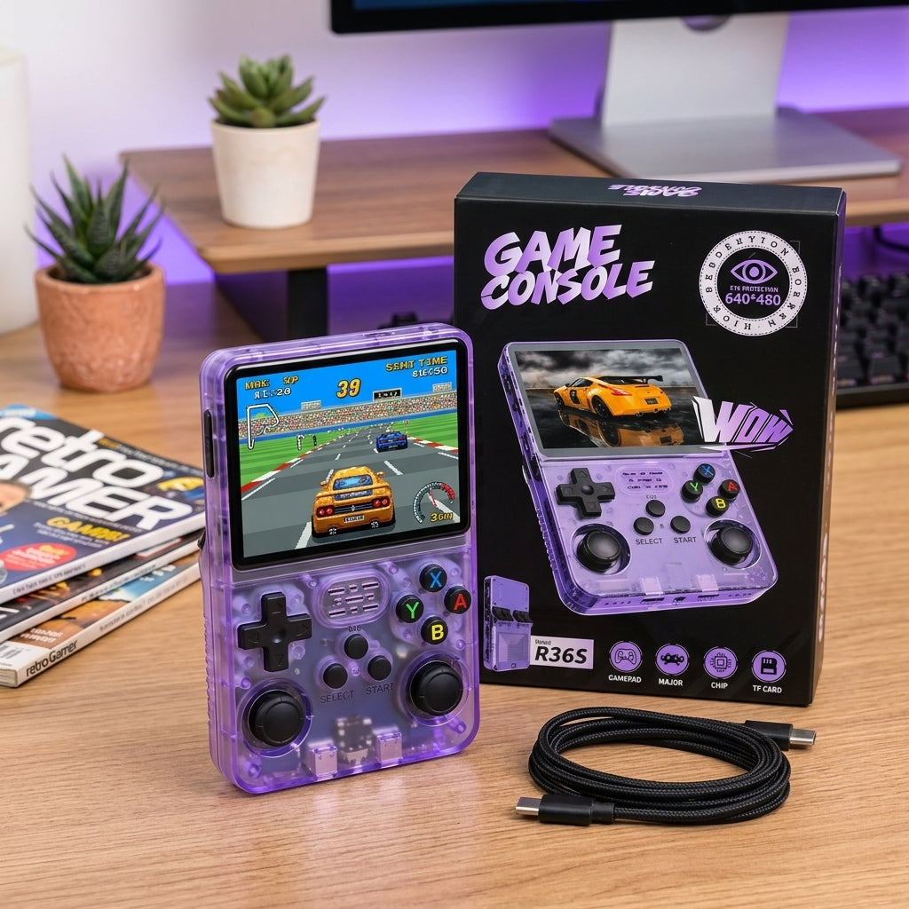 R36S handheld game console in transparent purple with built-in screen, dual analog sticks, D-pad and ABXY buttons