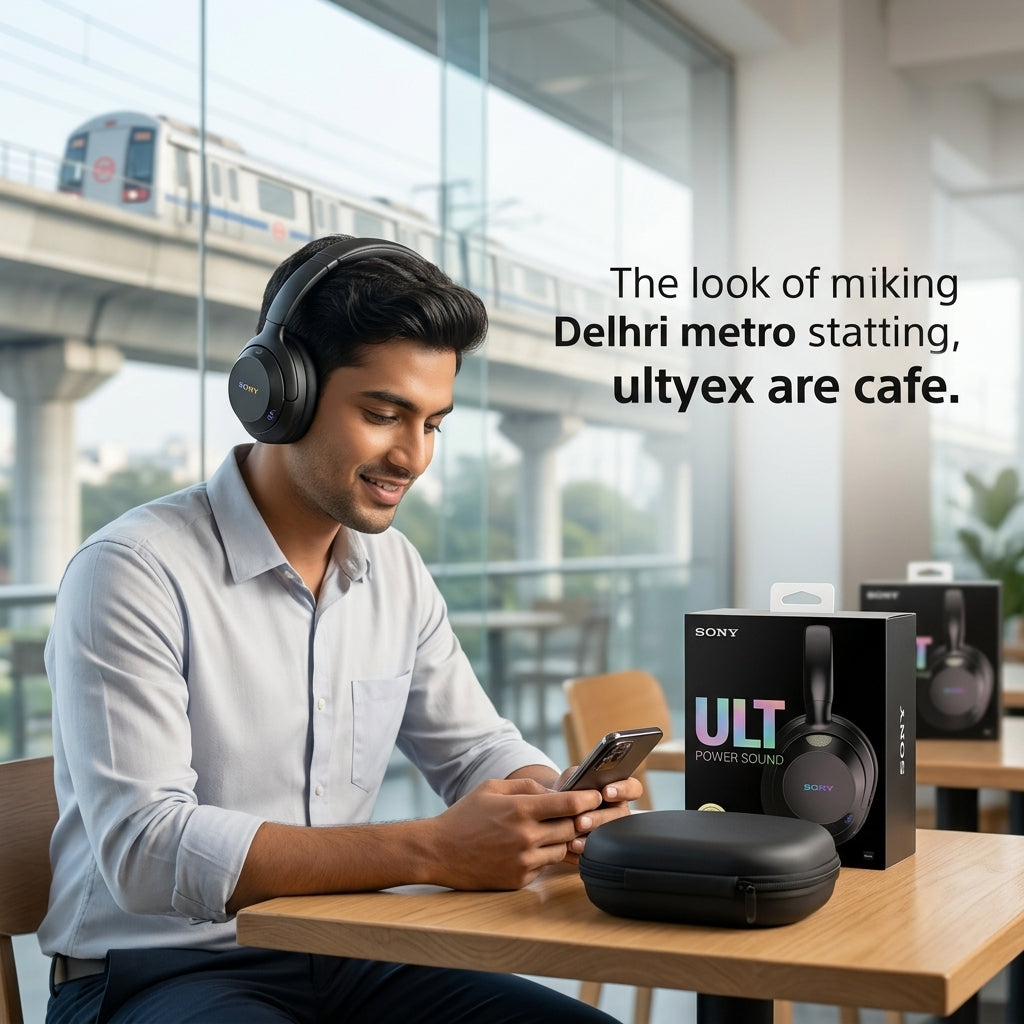 Black over-ear wireless headphones with ULT Power Sound branding, shown with zippered carrying case and retail boxes