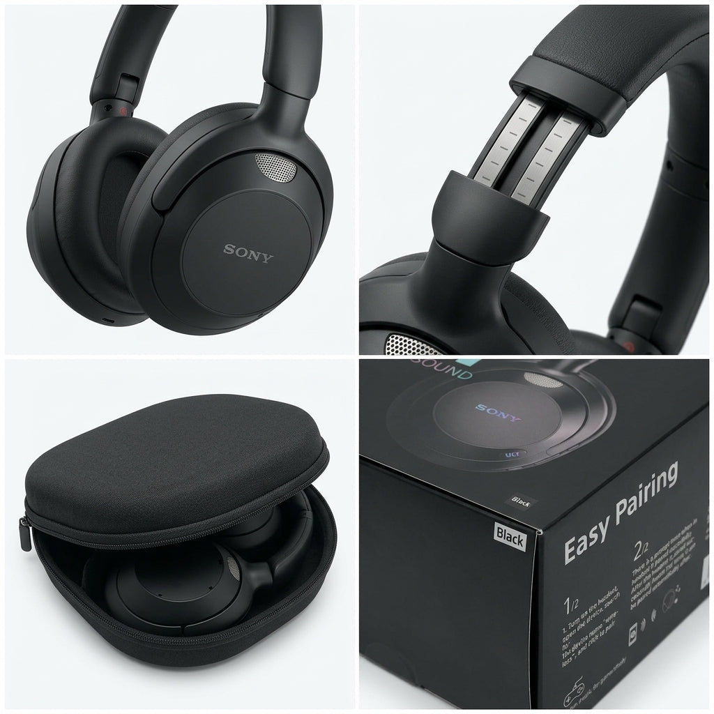 Black over-ear wireless headphones with ULT Power Sound branding, shown with zippered carrying case and retail boxes