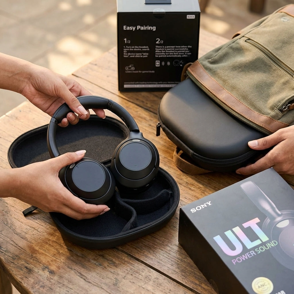 Black over-ear wireless headphones with ULT Power Sound branding, shown with zippered carrying case and retail boxes