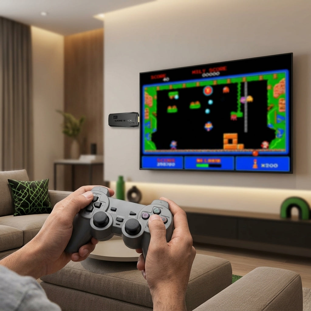 Game Stick Lite HDMI TV game console stick with 2.4G wireless controller gamepad shown on retail box