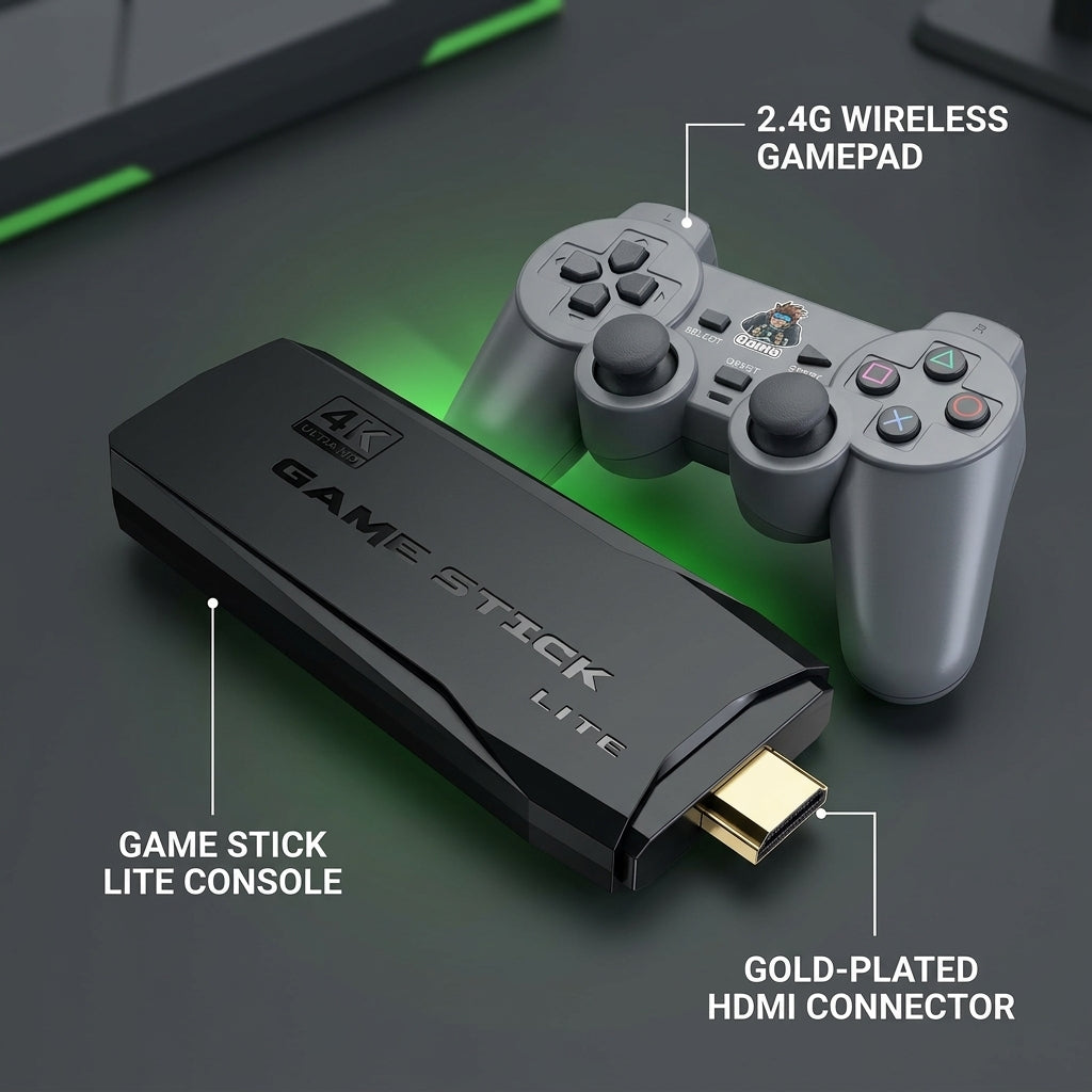 Game Stick Lite HDMI TV game console stick with 2.4G wireless controller gamepad shown on retail box