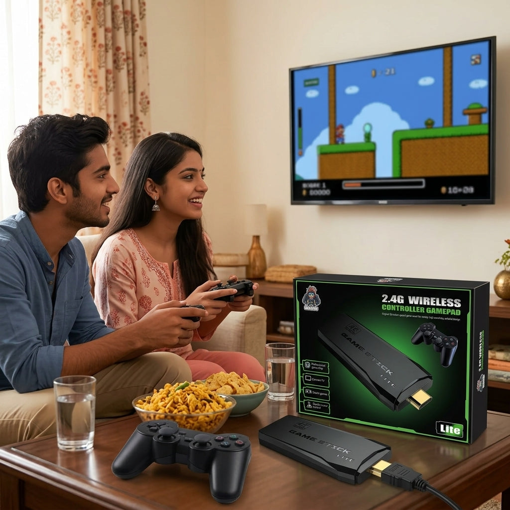 Game Stick Lite HDMI TV game console stick with 2.4G wireless controller gamepad shown on retail box