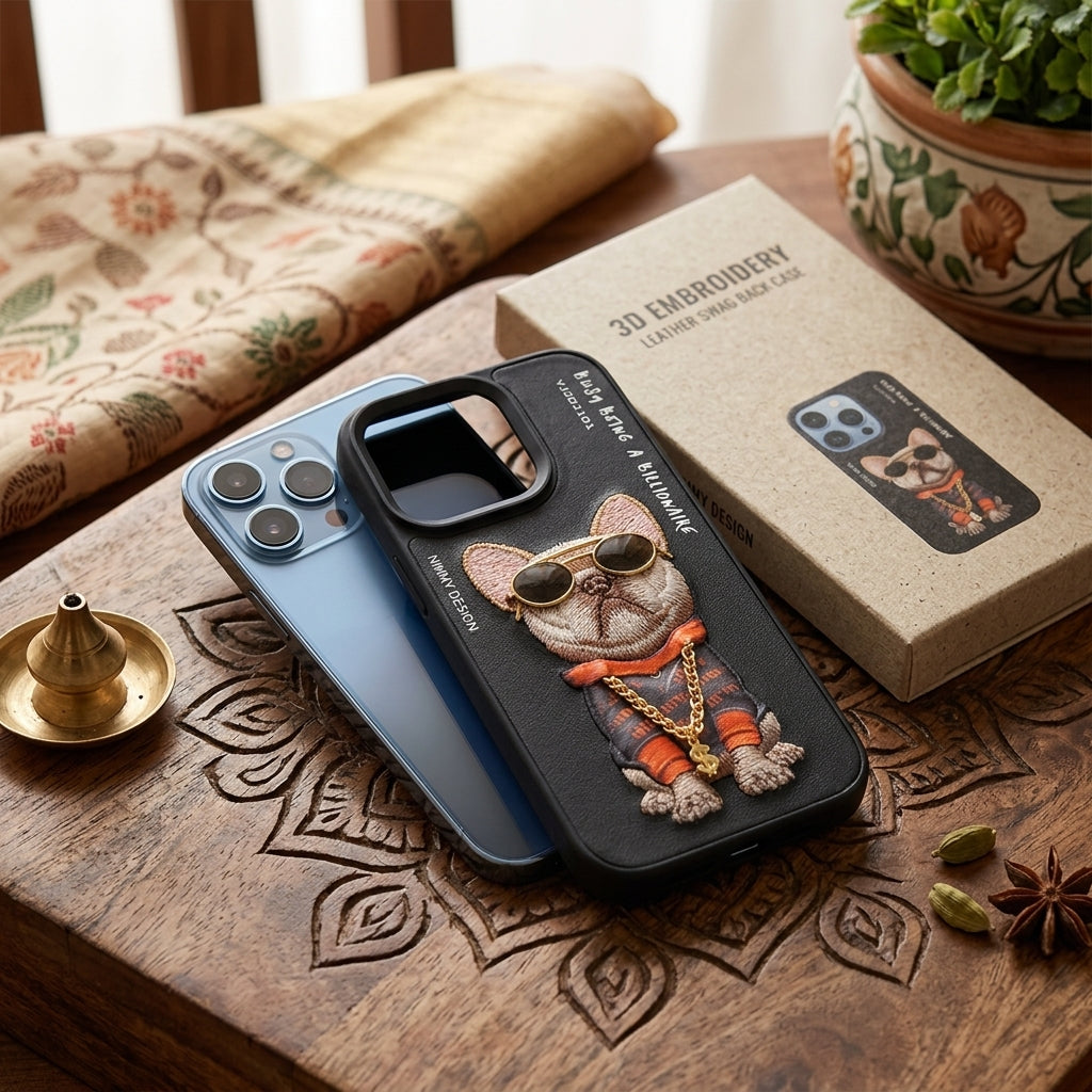 3D Embroidery Leather Swag Dog Back Case for iPhone 13 Pro, Multicolor – Stylish and Durable Protection – scale view
