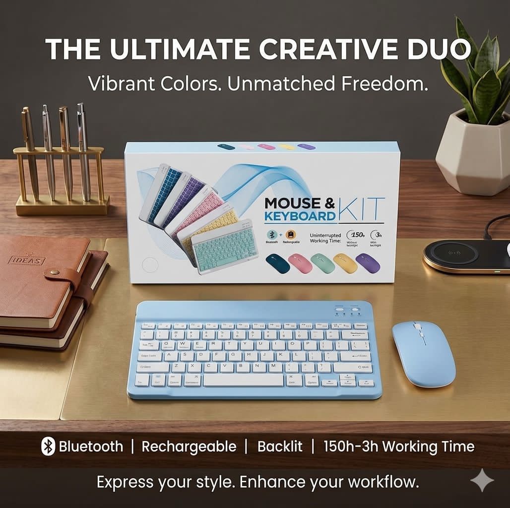 Bluetooth rechargeable backlit keyboard and mouse combo kit in light blue shown with retail box
