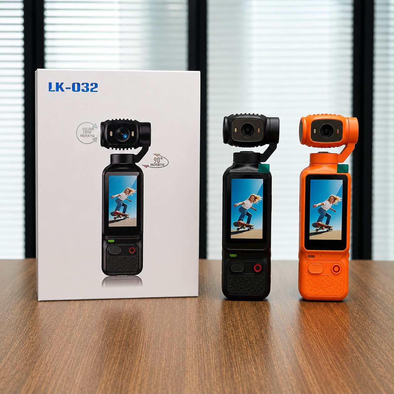 IK-032 pocket gimbal camera with 1.3-inch touchscreen and 3-axis gimbal stabilization, shown in black and orange color variants