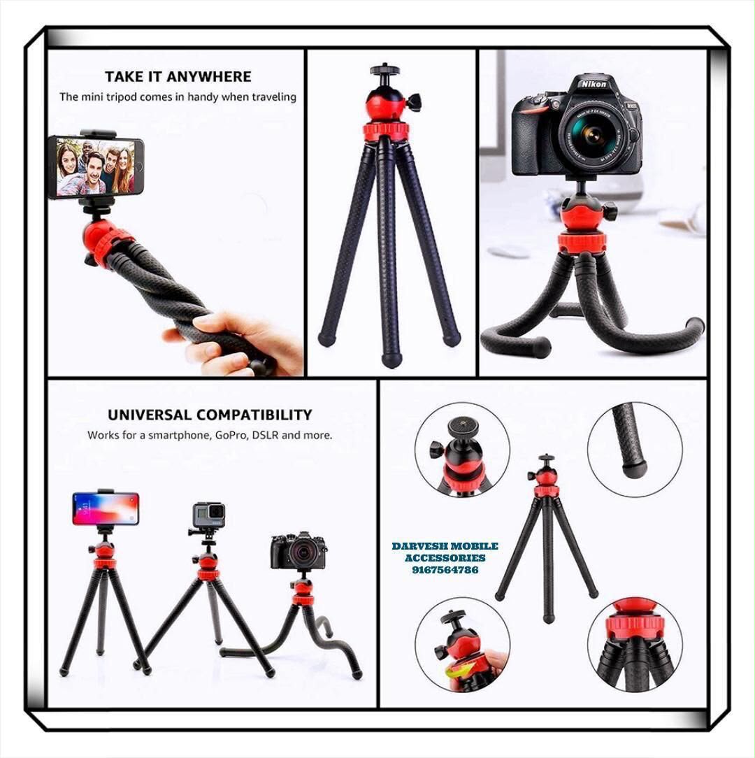 Black and red mini flexible tripod with bendable legs and ball head with side locking knob