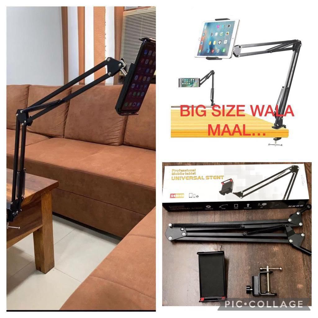 Black adjustable scissor-arm desk clamp phone and tablet holder stand with spring-assisted joints and device cradle