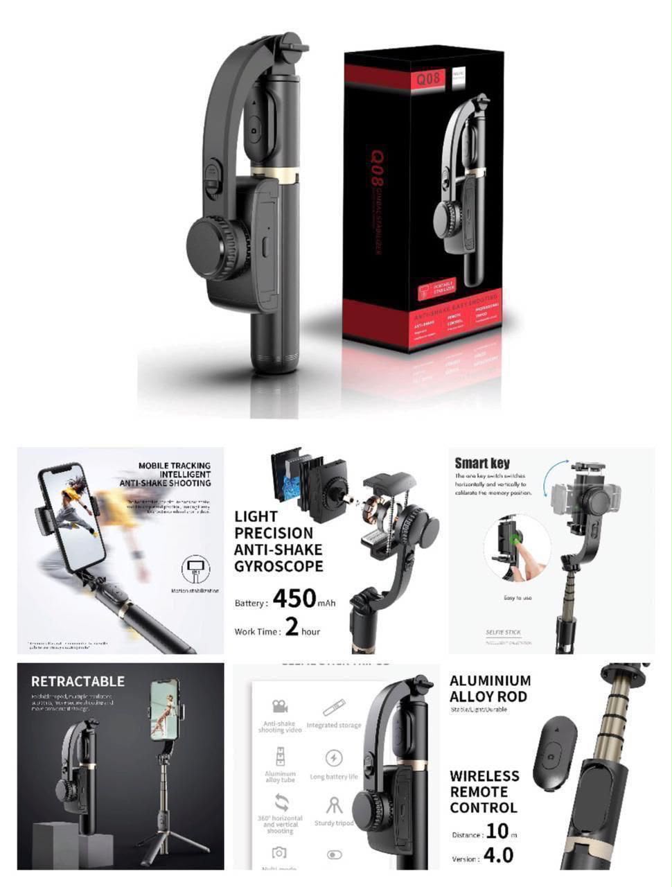 Q08 smartphone gimbal-style selfie stick with retractable aluminium alloy rod, tripod stand and detachable wireless remote in black/grey.