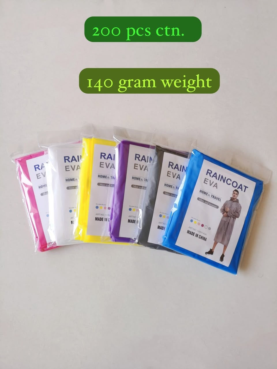Individually packaged EVA raincoat in clear plastic sleeve with assorted colours visible