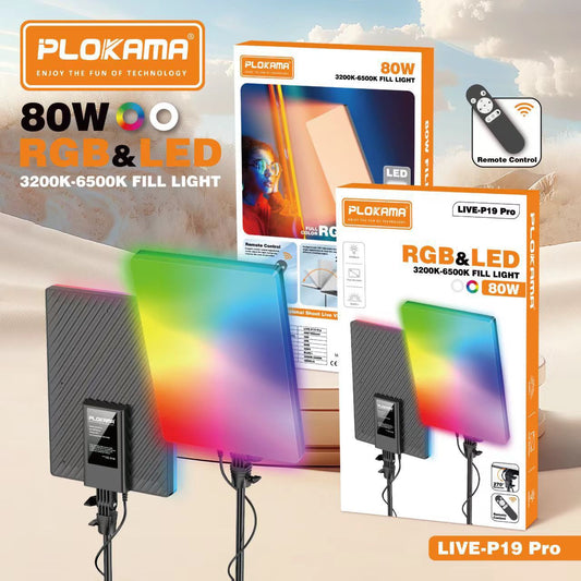 PLOKAMA LIVE-P19 Pro rectangular RGB & LED fill light panel (3200K-6500K) with mounting bracket and remote control feature shown on packaging