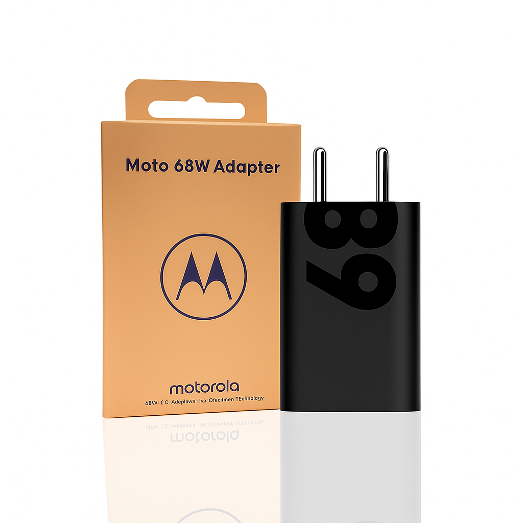 Moto 68W Fast Charging Adapter in matte black with glossy 68 graphic and Indian 2-pin plug next to its orange retail packaging.