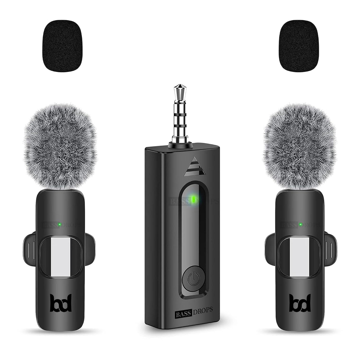 BassDrops wireless lavalier microphone kit with two clip-on transmitters, 3.5mm plug-in receiver, two furry windshields and two foam windscreens