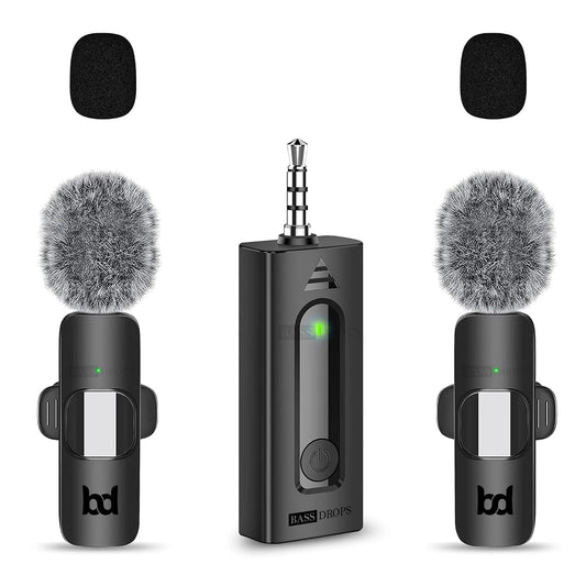 BassDrops wireless lavalier microphone kit with two clip-on transmitters, 3.5mm plug-in receiver, two furry windshields and two foam windscreens