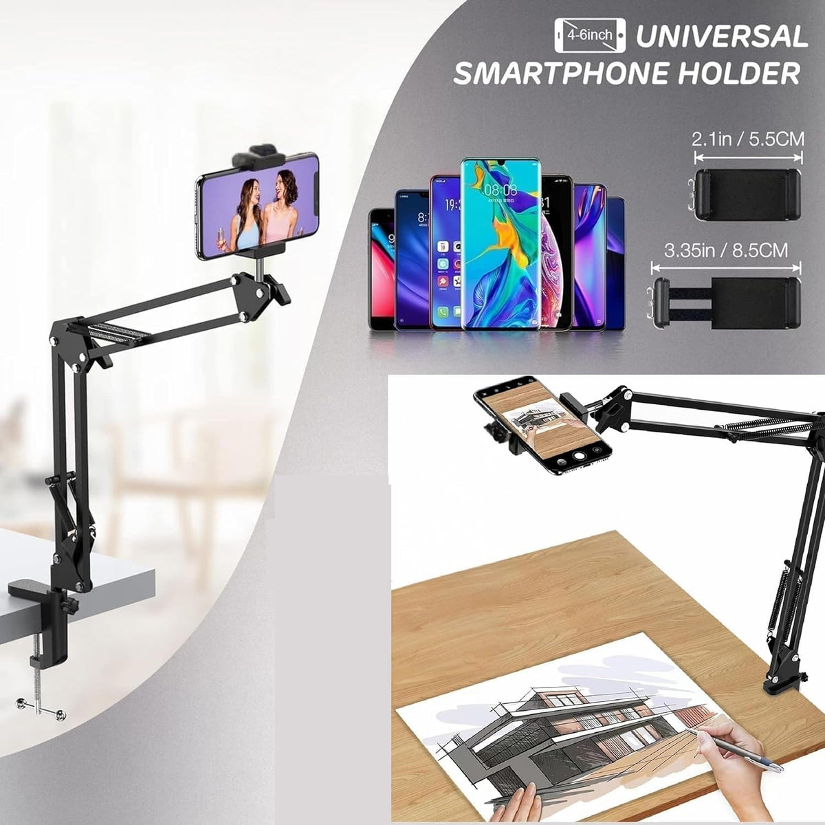 Black desk clamp overhead smartphone holder with spring-assisted articulated arm and universal 4–6 inch phone clamp for top-down recording